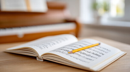Open music book with pencil on stand for music students and practice sessions