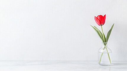Fototapeta premium Minimalist still life with a single red tulip in clear vase on white background