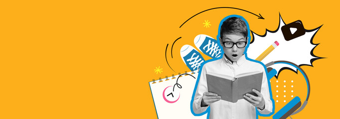 A collage presents a young boy with glasses, shocked by a book he is reading. Bright colors and school items add a playful touch, creating a lively scene that attracts attention.