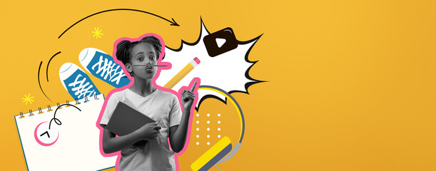 A young student stands thoughtfully with a pencil in mouth, holding a notebook, surrounded by colorful design elements, representing creativity and learning.