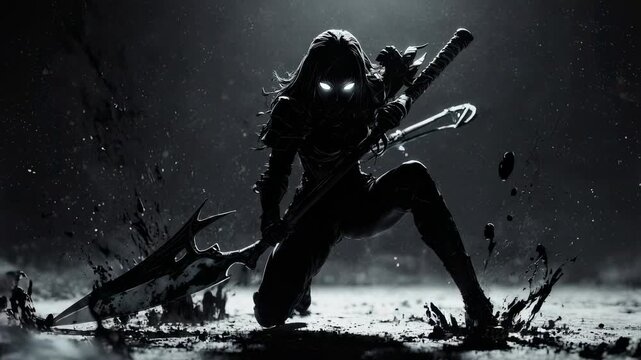 Intense, monochrome warrior figure with glowing eyes, wielding a sharp weapon in a dynamic, dark environment with blurred particles
