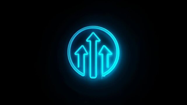 A glowing neon cyan circle with three upward-pointing arrows against a deep black background