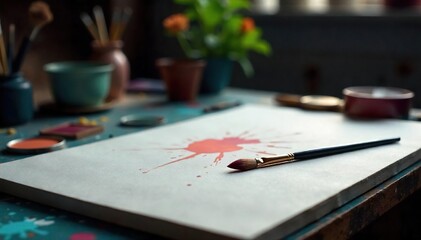 Fototapeta premium Solitary Paintbrush on Blank Canvas Creative Solitude in a Dimly Lit Studio