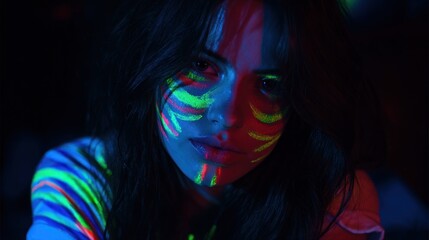 Woman with fluorescent face paint in darkness portrait creative design