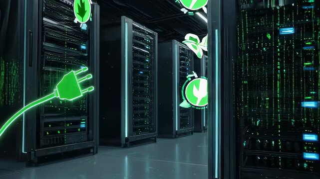 Data center server room. Green glowing plug and leaves floating around servers. Long hallway