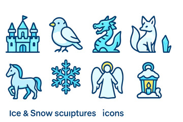 Fototapeta premium Winter wonderland filled icon set. ice, snow, sculptures, animals in filled style.