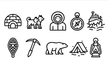 Camping and adventure outline icon set. wilderness, exploration symbols collection.