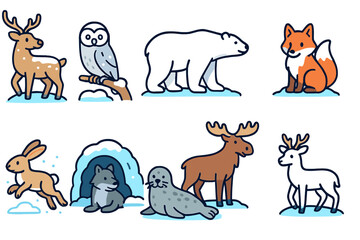Fototapeta premium Wildlife, nature line icon set. deer, fox, owl, and bear animal line collection