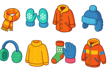 Fototapeta premium Winter clothing flat icon set. cozy apparel, cold weather gear, accessories visual pack.