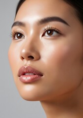 Fototapeta premium Closeup beauty portrait of a young beautiful Asian woman with perfect glowing skin and natural makeup. Skincare and cosmetology concept of youth