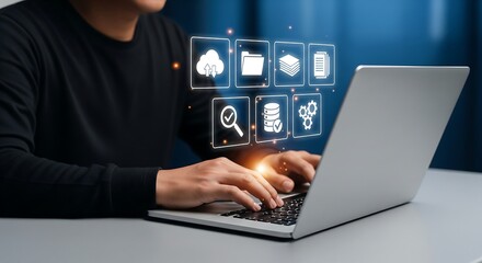 Professional managing cloud computing and data via laptop. Virtual icons represent secure digital storage, network connectivity, and efficient business technology solutions