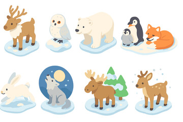 Fototapeta premium Winter animals flat icon set. arctic and woodland creatures flat design collection