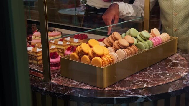 An Elegant and Captivating Display of Beautifully Colorful Macarons Immaculately Arranged in a Bakery Showcase Setting