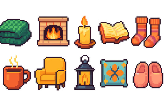 Cozy home pixel icon set. warmth and comfort pixel art style collection.