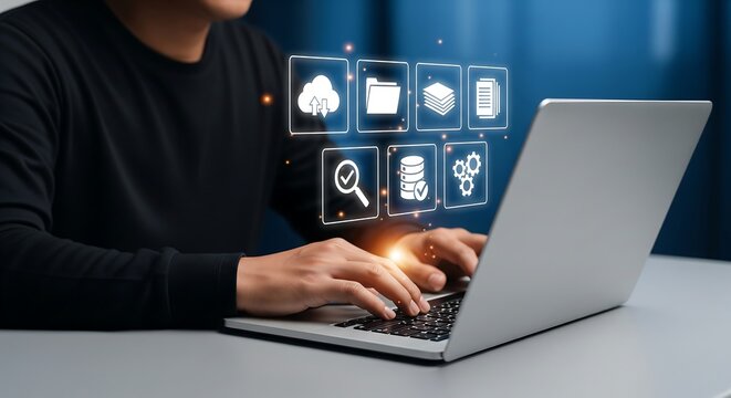 Professional managing cloud computing and data via laptop. Virtual icons represent secure digital storage, network connectivity, and efficient business technology solutions