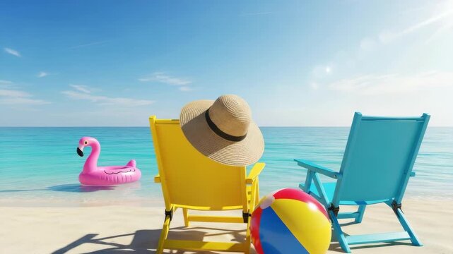 Two colorful beach chairs one yellow with hat and one blue face turquoise ocean on sunny sandy beach A pink flamingo float bobs in the water and vibrant beach ball rests nearby