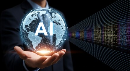 Concept of global artificial intelligence, with a professional presenting a luminous holographic globe featuring 'AI' and flowing data streams, symbolizing future tech and business innovation