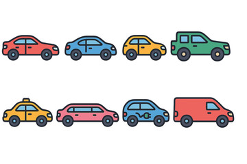 Fototapeta premium Transportation flat icon set: cars, vehicles, and transport modes in flat design