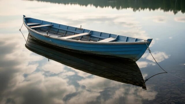blue wooden rowboat floats serenely on calm water perfectly reflecting the cloudy sky and distant treeline Visible pebbles line the shallow shore adding depth to the peaceful scene