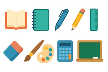 Educational tools with glowing icons set. school supplies and learning icon collection flat style