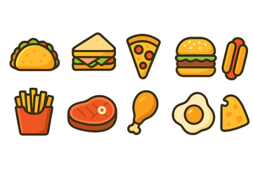 Food and fast food flat icon set. pizza, burger, sandwich, snack icons collection
