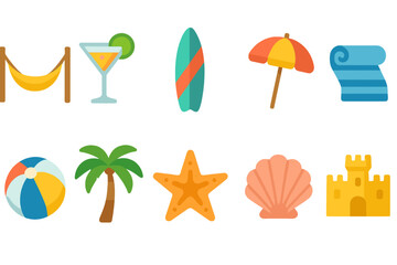 Beach and vacation icon set. flip-flops, sand castle, cocktail outline icons