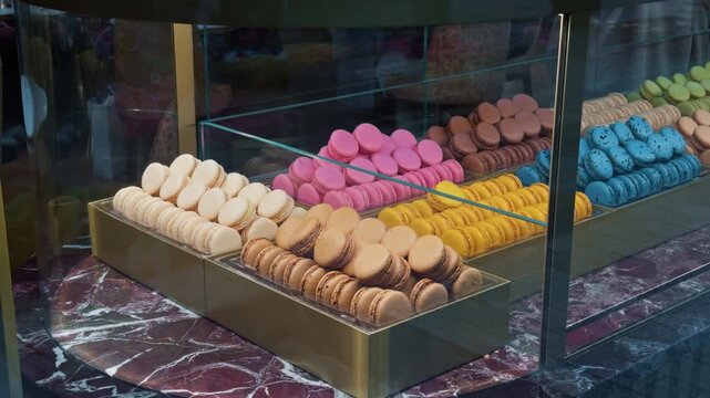 A Beautiful and Colorful Display of Delicious Macarons in a Charming Pastry Shop Showcase for All to Enjoy