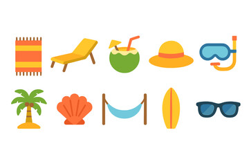 Vacation relaxation icon set with neon glow. tropical and summer flat icons collection.