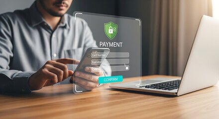 Secure Online Payment Man using smartphone and laptop to complete a digital transaction with a shield icon, digital payment, technology