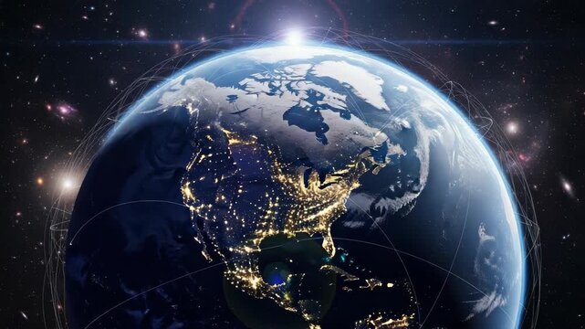 Earth from space showcasing North Americas bright city lights at night A day-night terminator with sun glare is visible Interconnected lines encircle the globe against dark starry cosmos with galaxies