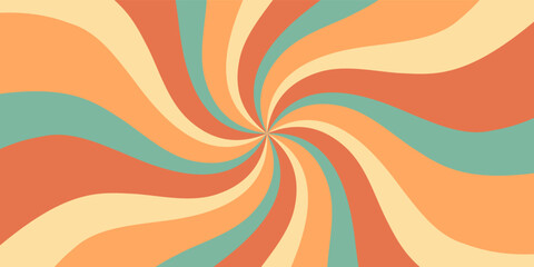 Retro groovy spiral sun pattern blends bold orange swirl and burst elements. Sunshine and y2k graphic create striking background, horizontal format for trendy wallpaper vibrant summer mood.