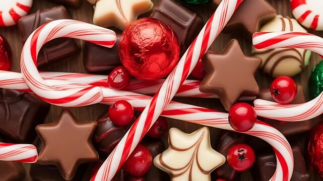 A festive assortment of chocolate candies peppermint candies and colorful wrapped bonbons perfect for the holiday season