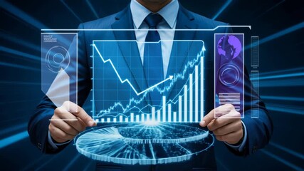 Businessman interacting with futuristic holographic financial data and charts - Powered by Adobe