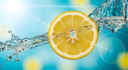 A slice of lemon with water splashing against a blue background