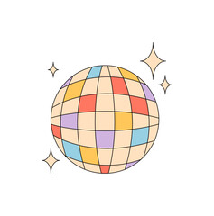 Groovy retro disco ball sticker in a funky and colorful style. Y2k party scene with music, sparkle, and a vibrant groovy element add cheerful flair. Ideal for pop or vintage fun design concepts.