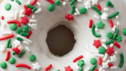 Festive donut topped with white icing and holiday sprinkles red and green candy bits