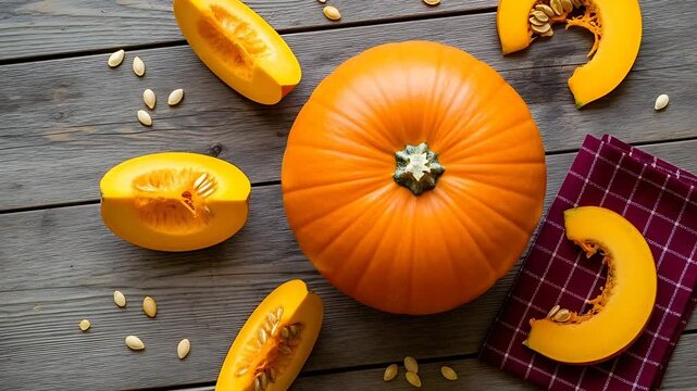 Overhead view of ripe pumpkins slices seeds and plaid cloth on a rustic gray wooden table Perfect for a autumn or fall season still life