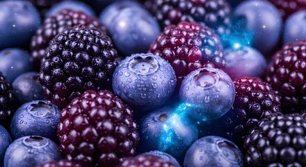 A close up shot of blueberries and blackberries with water droplets