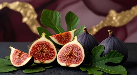 Still life of figs cut open with leaves on a dark surface close up