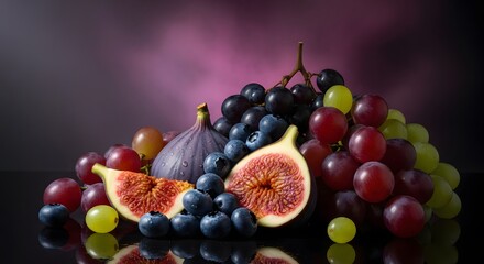Still life of grapes figs and blueberries on a reflective surface