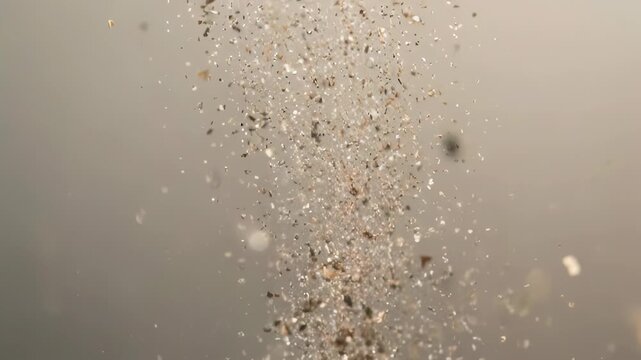 Close-up of falling fragments, particles suspended against a soft gradient background, diffused light