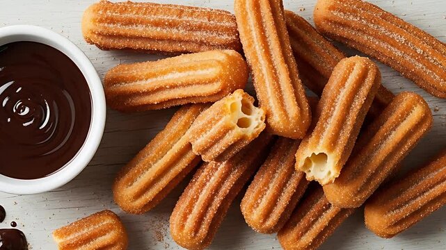 Golden fried churros coated in sugar served with rich chocolate sauce a sweet and tempting treat Ready to be devoured !