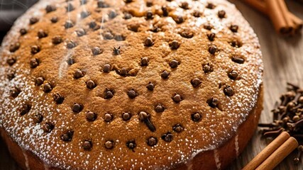 Warm spiced cake with powdered sugar and cinnamon sticks radiating a cozy comforting vibe Perfect for autumn afternoons