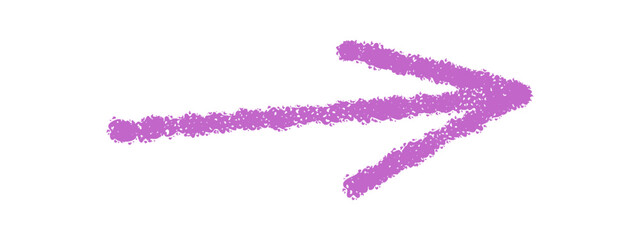 Wavy hand drawn chalk arrow icon with rough stroke style. Curved sketch arrow element forms a clear pointer symbol for direction. Vibrant purple color, modern chalkboard look.