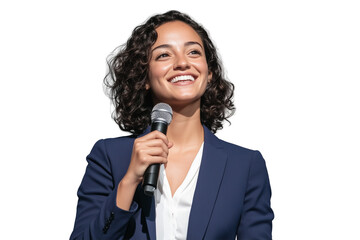 Confident woman public speaking giving presentation with microphone on transparent background