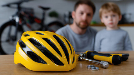 Father and son preparing a bicycle helmet for a ride together
