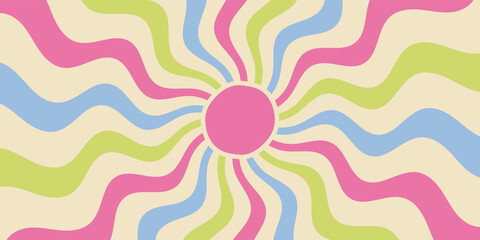 Groovy retro sun burst wave background with vibrant sunshine circle and wavy color lines. Y2k style sun and burst shape create cool graphic scene. Horizontal orientation, trendy pop art mood.
