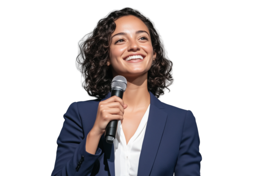 Confident woman public speaking giving presentation with microphone on transparent background - Powered by Adobe