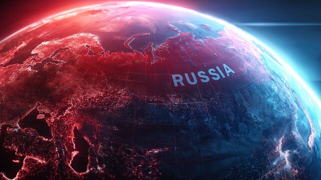 Earth from space with russia highlighted, overlay, glowing borders around russia, 