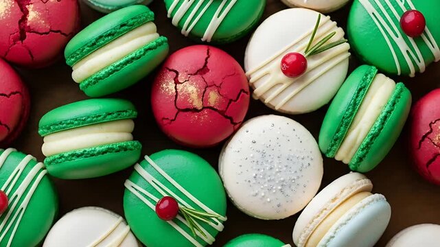 Festive Christmas macarons : red green white and blue hues with cranberries and rosemary decorations a delightful treat for holidays